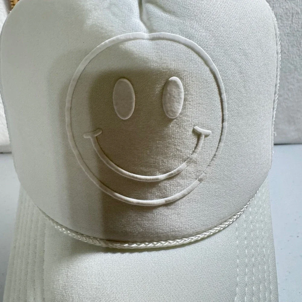 Otto Happi White Smiley Face Trucker ROPE Hat Embossed‎ Mesh Snapback Cap RETRO